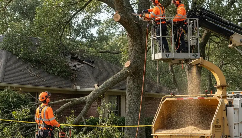 Charleston, SC emergency tree service crew removing storm-damaged fallen tree