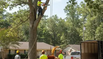 Charleston, SC tree service crew safely removing a large hazardous tree near a home