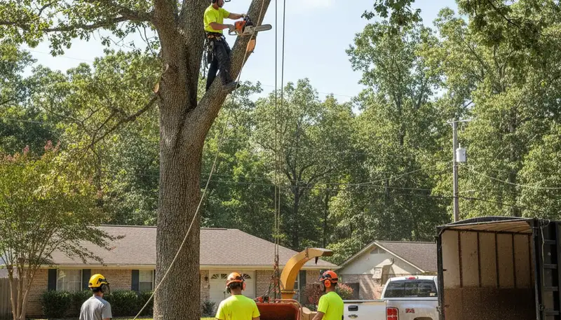 Charleston, SC tree service crew safely removing a large hazardous tree near a home