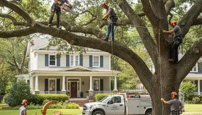 Charleston, SC tree service crew providing professional tree trimming and removal on a residential property