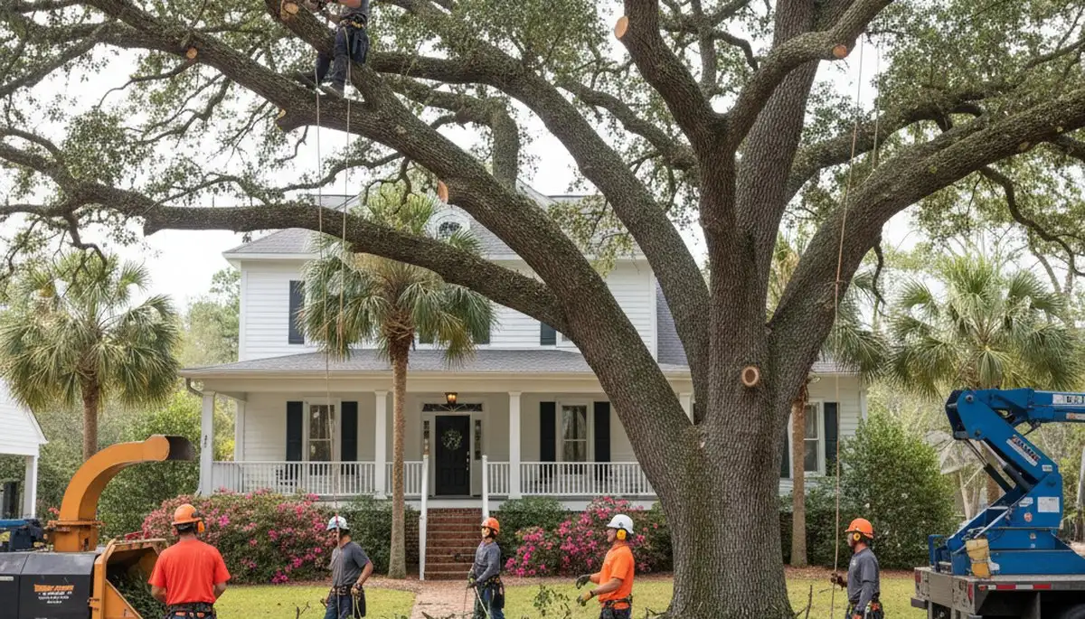 Tree service crew in Charleston, SC trimming and removing trees for safe, professional property care