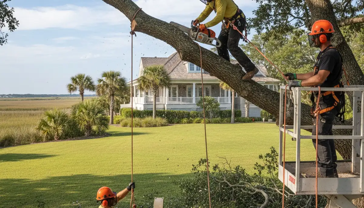Tree service crew in Charleston, SC performing professional tree removal and trimming outdoors