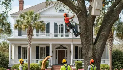 Tree service crew in Charleston, SC trimming and removing trees for local homeowners